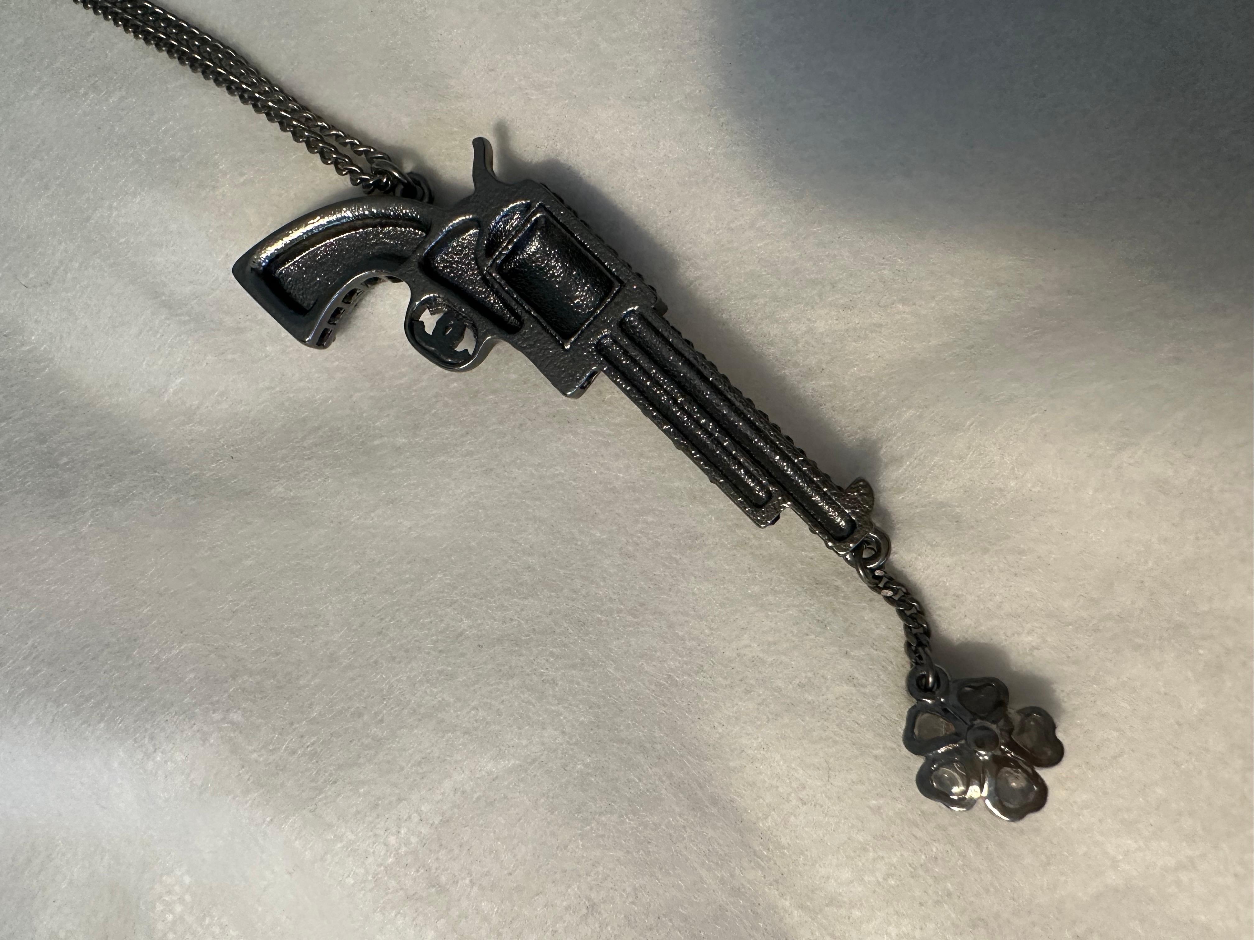 Chanel 2014 Ruthenium Metal Crystal Gun Necklace 2