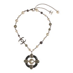 Chanel 2014 Silver, Grey & Black Enamel, Pearl & Glass Bead Pendant Necklace