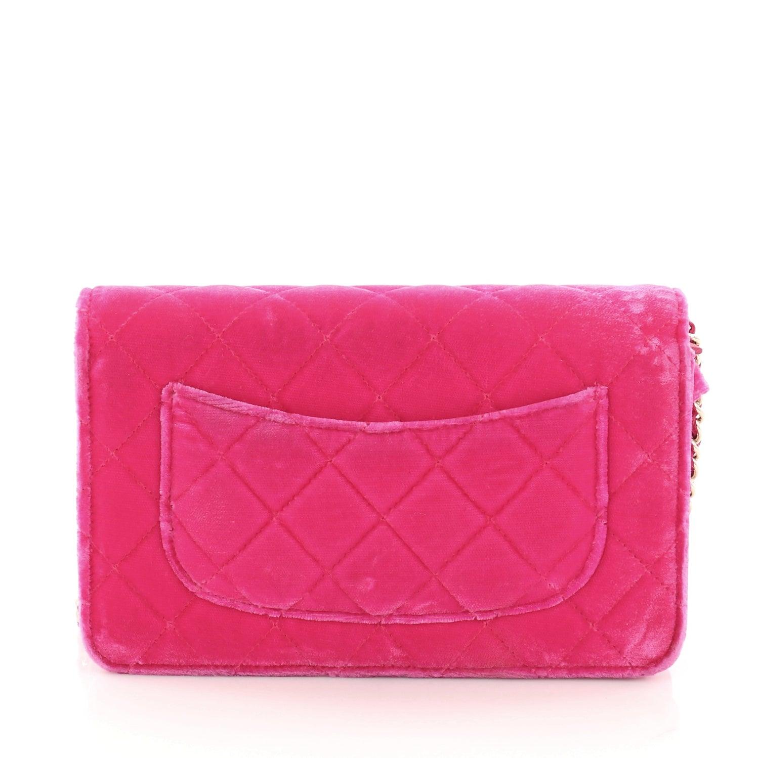 Chanel 2014 Velvet Neon Pink Wallet on Chain WOC Crossbody Flap Bag In Good Condition For Sale In Miami, FL