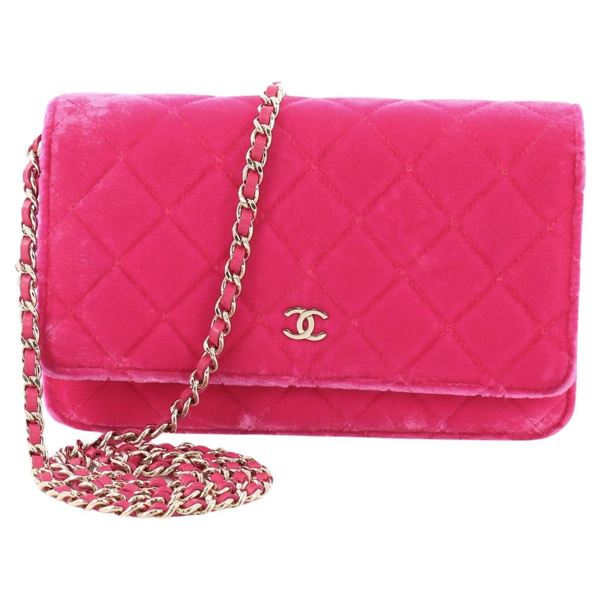 Chanel 2014 Velvet Neon Pink Wallet on Chain WOC Crossbody Flap Bag For Sale