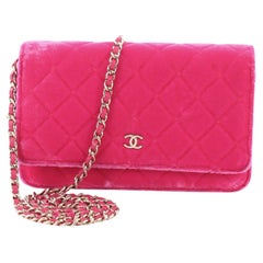 Used Chanel 2014 Velvet Neon Pink Wallet on Chain WOC Crossbody Flap Bag