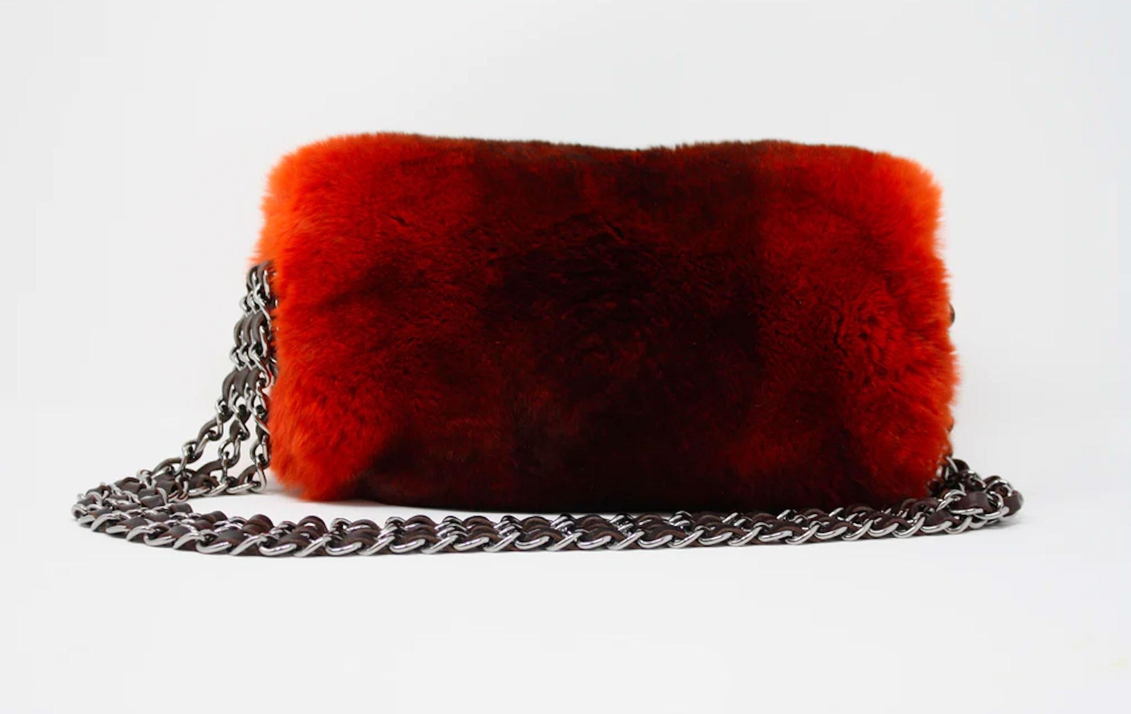 Women's or Men's Chanel 2014 Vintage Classic Classic Ombre Triple Chain Flap Orange Fur Baguette For Sale