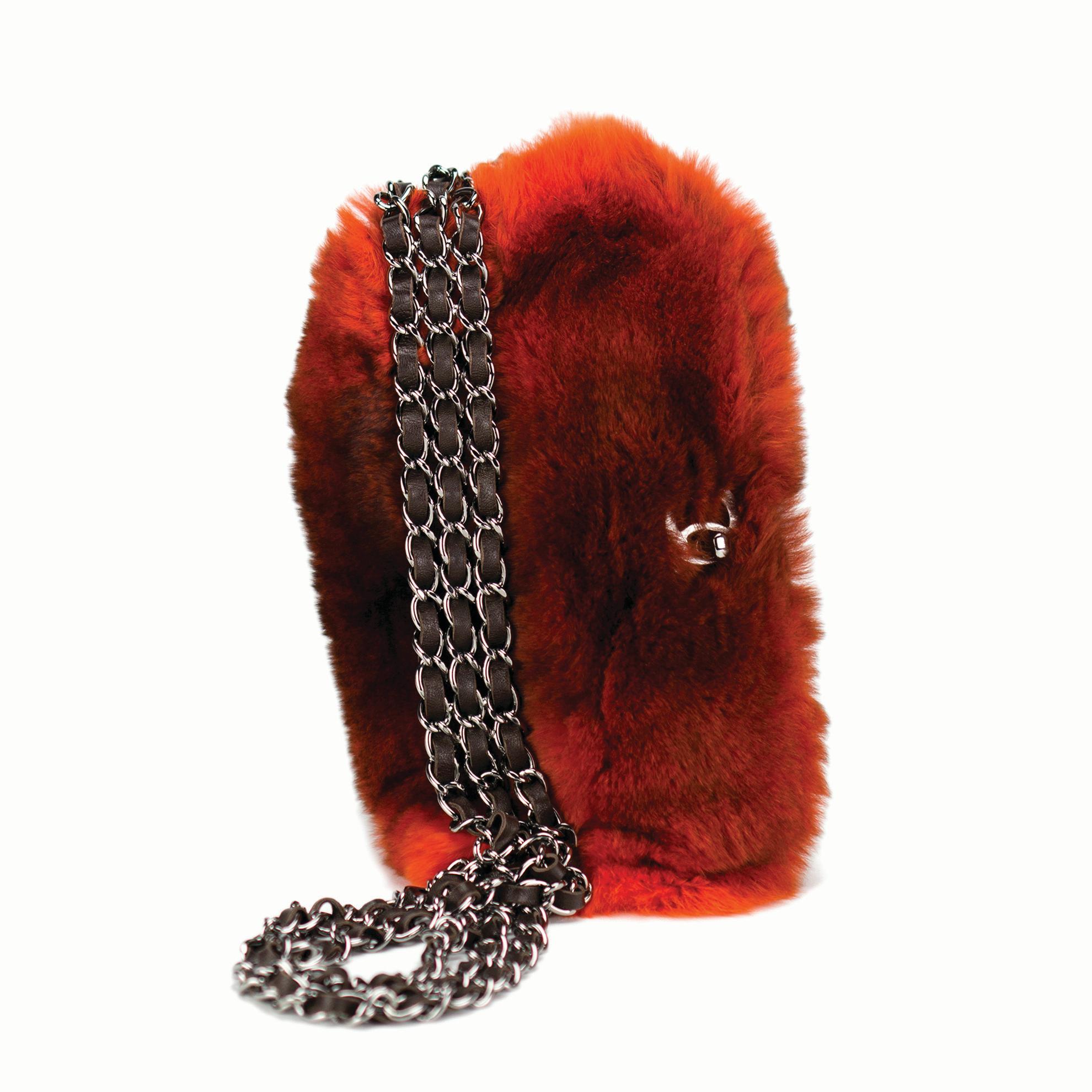 Chanel 2014 Vintage Classic Classic Ombre Triple Chain Flap Orange Fur Baguette For Sale 4