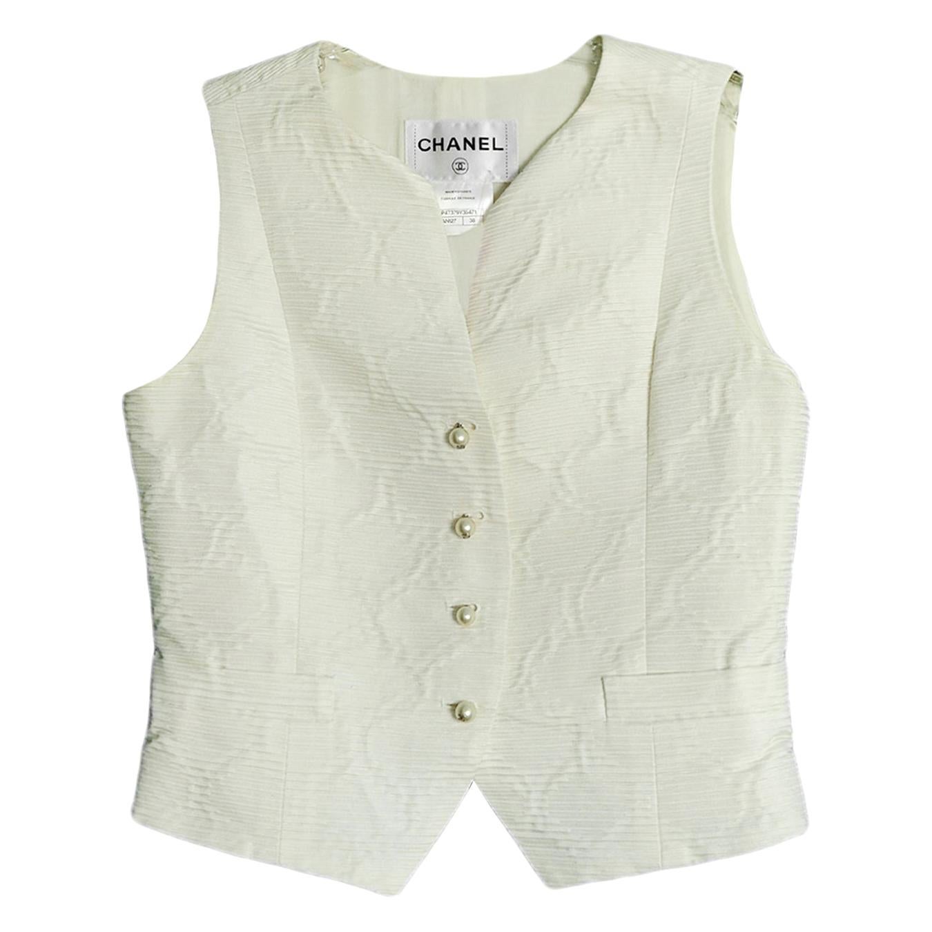 Chanel 2014C Cream Silk Vest w/ Pearl CC Buttons FR38
