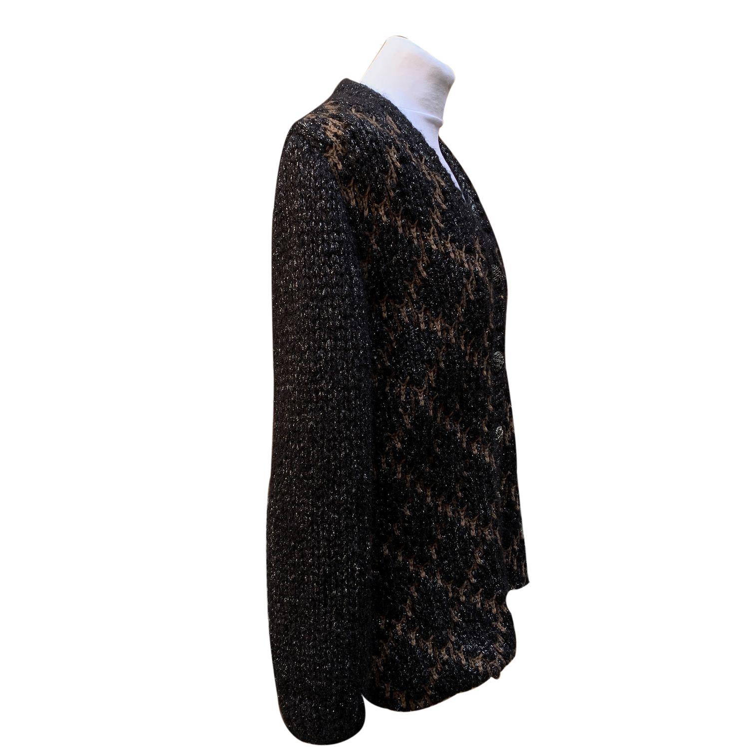 Chanel 2015 Black and Brown Lurex Knit Cardigan Size 40 FR For Sale 1