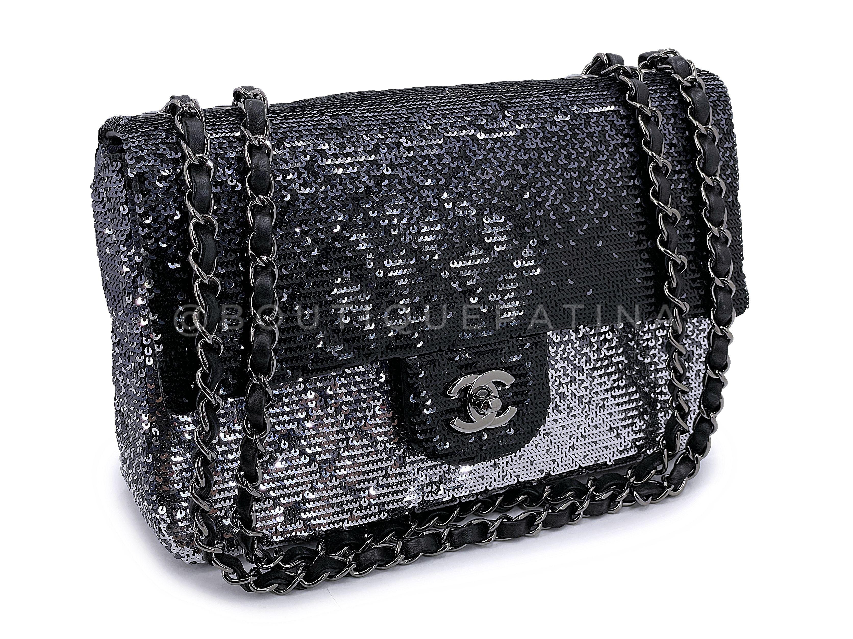 Store item: 67572
An intricate masterpiece of glittery sequin shimmer is this Chanel 2015 Black Silver Quilted Sequin Medium Classic Flap Bag. Unlike other sequin bags, this one is has neat, sleek panels with diamond quilts, and in an ombre shade