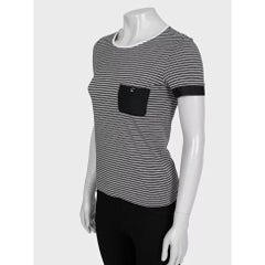 Chanel 2015 Black White Striped Fitted T-Shirt Button Front FR 34 XS