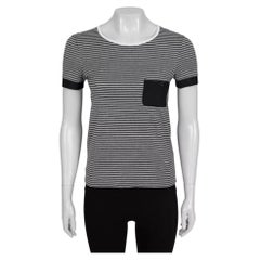 Chanel 2015 Black White Striped Fitted T-Shirt Button Front FR 34 XS