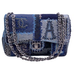 Chanel 2015 Blue Denim Patchwork Timeless Jumbo Single Flap Bag