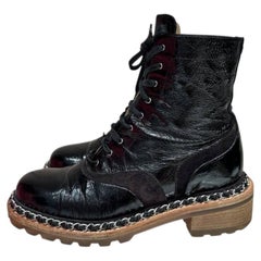 Chanel 2015 Brown Patent Leather Ankle Combat Boots Sz.38