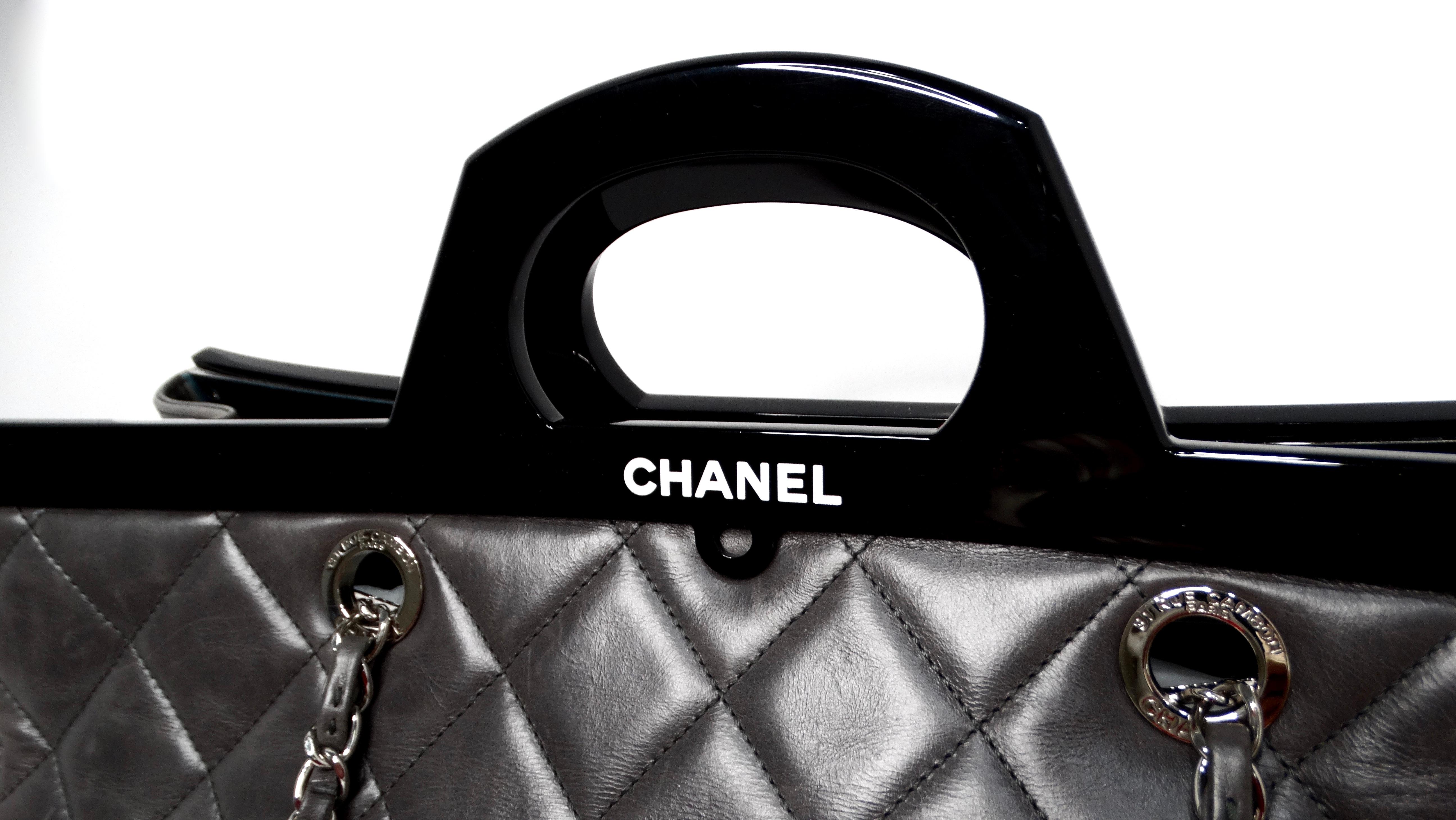 Black Chanel 2015 Charcoal Grey Large CC Delivery Glazed Calfskin Quilted Tote Bag For Sale