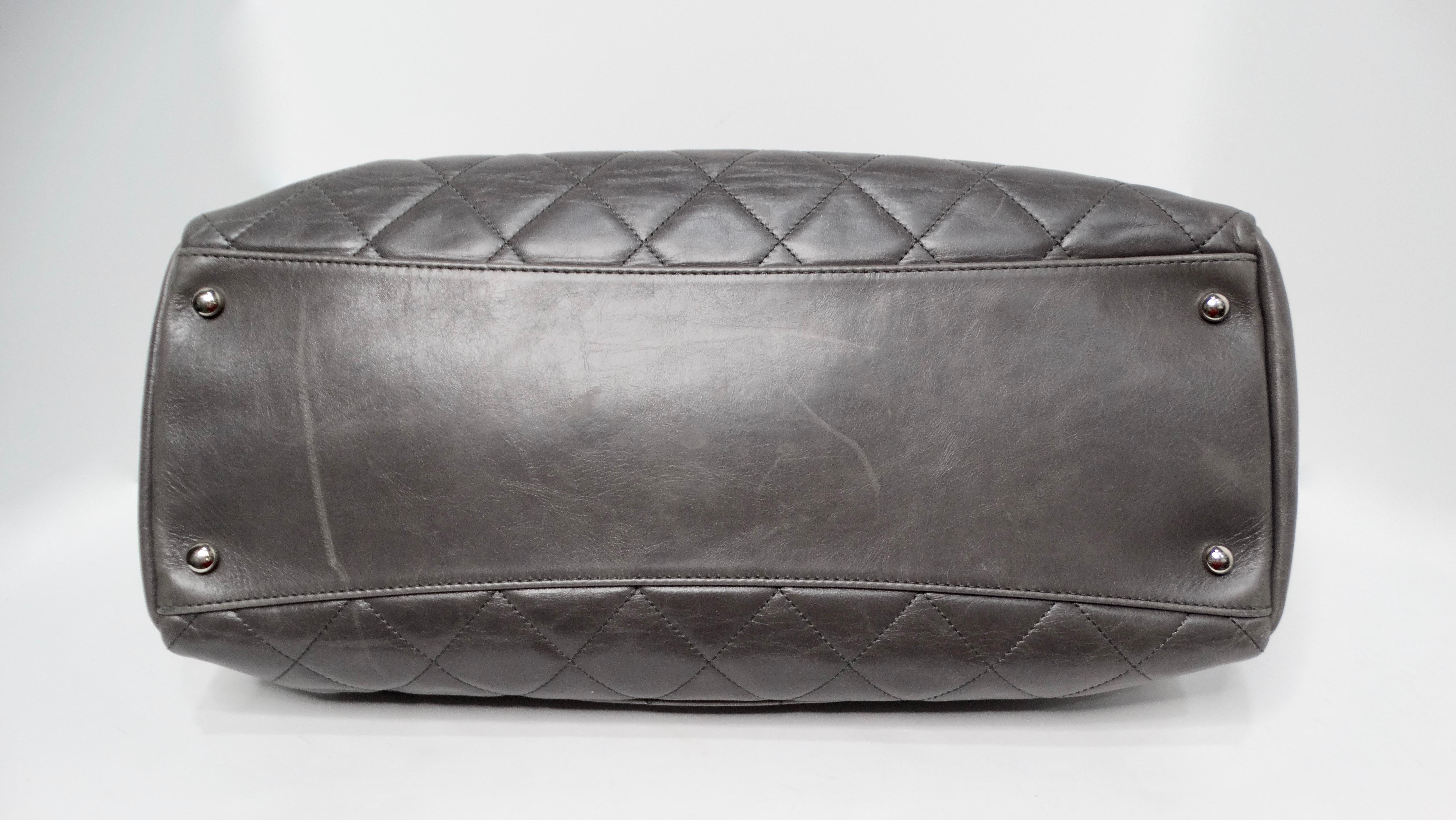 Chanel 2015 Charcoal Grey Large CC Delivery Glazed Calfskin Quilted Tote Bag For Sale 1
