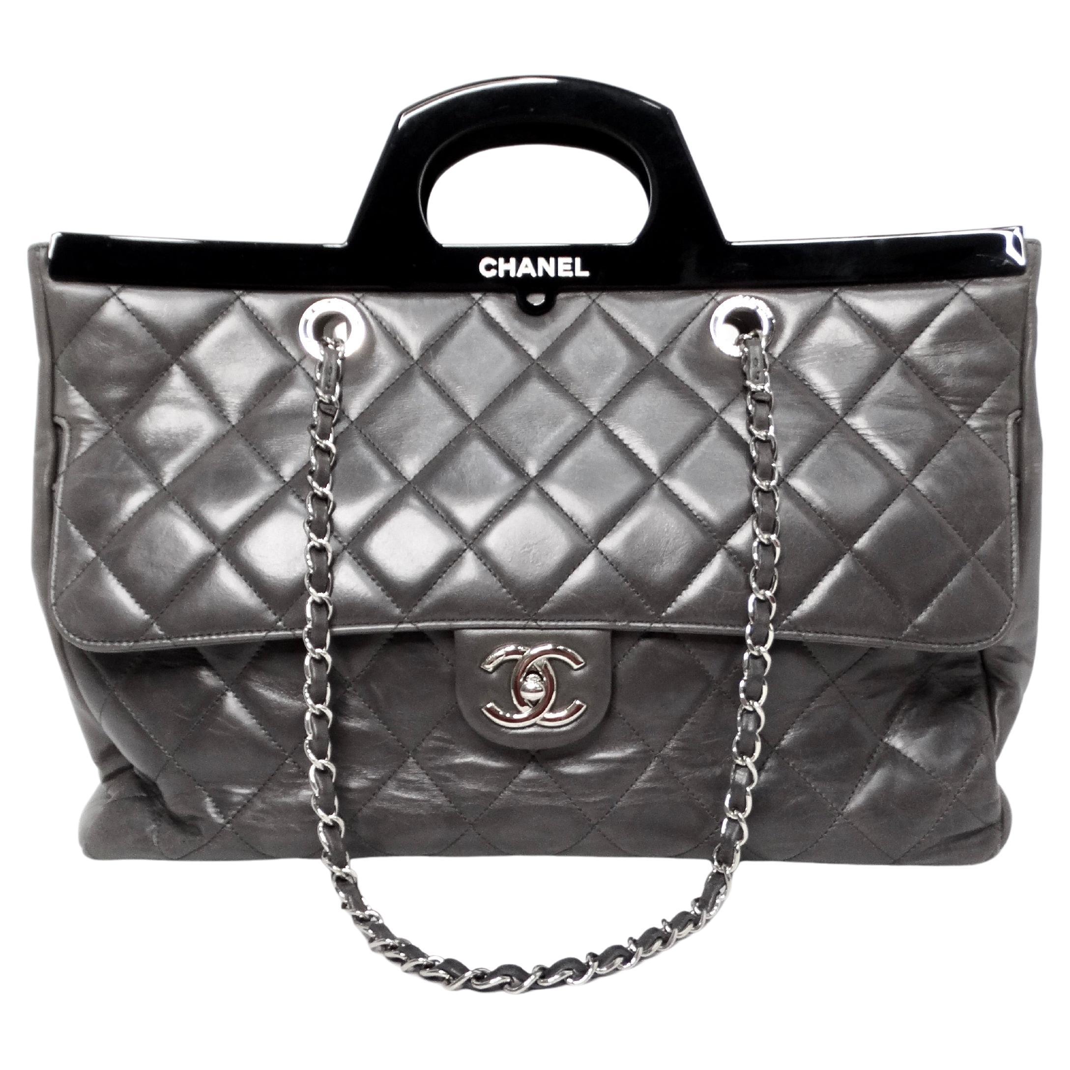 Chanel 2015 Charcoal Grey Large CC Delivery Glazed Calfskin Quilted Tote Bag For Sale