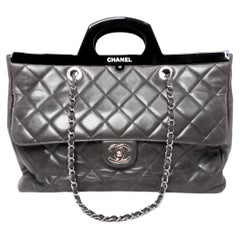 Chanel 2015 Charcoal Grey Large CC Delivery Glazed Calfskin Quilted Tote Bag