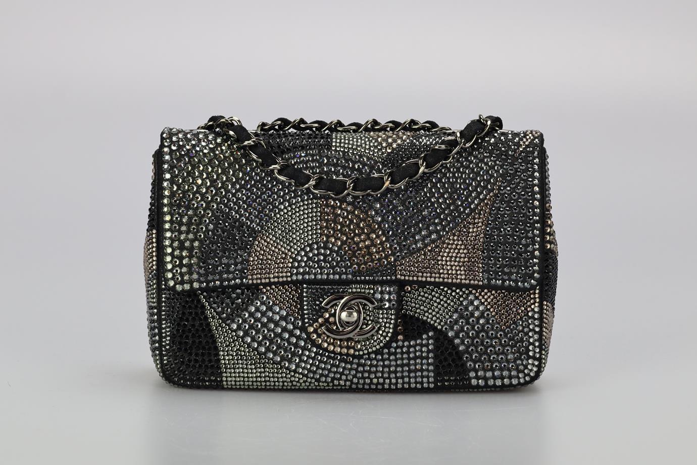 Chanel 2015 Classic Mini Rectangle Flap Strass Embellished Shoulder Bag. Grey and silver. Twist lock fastening - Front. Comes with - authenticity card. Does not come with - dustbag or box. Height: 5.1 in. Width: 8 in. Depth: 2.2 in. Handle drop: