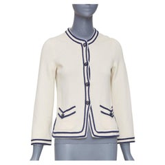 CHANEL 2015 contrast trim ribbed pocket cashmere knit cardigan jacket FR34 XS