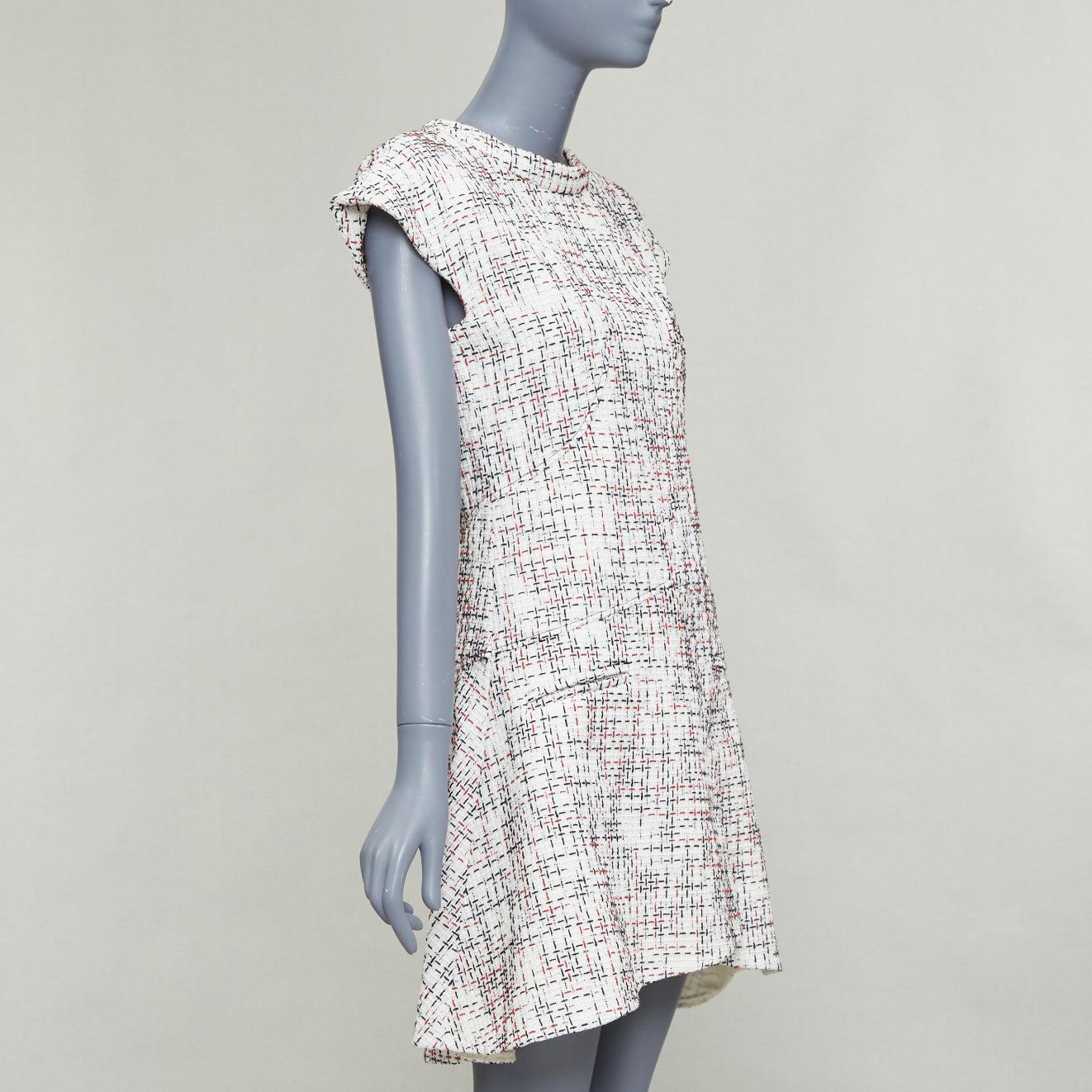 CHANEL 2015 cream red black cotton lattice tweed cap sleeve dress FR34 XS (Grau) im Angebot