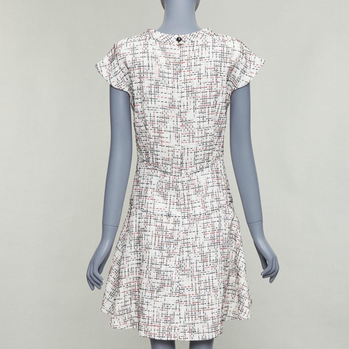 CHANEL 2015 cream red black cotton lattice tweed cap sleeve dress FR34 XS Damen im Angebot