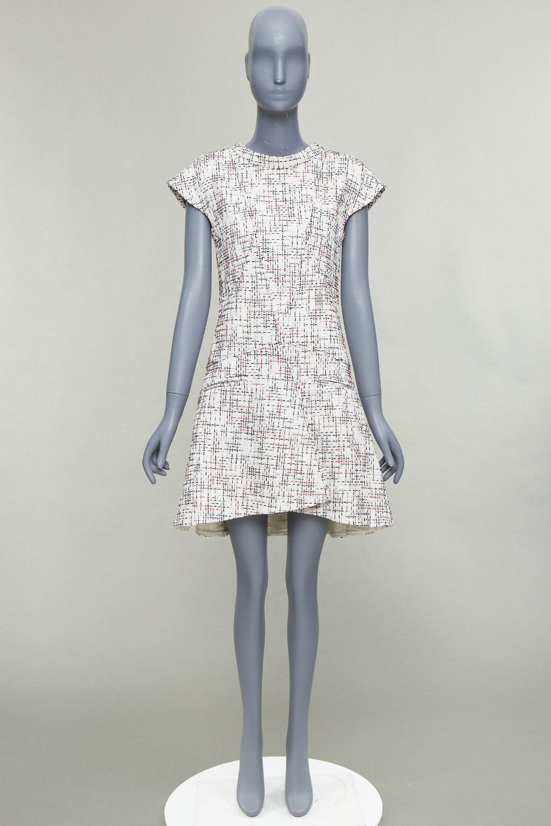 CHANEL 2015 cream red black cotton lattice tweed cap sleeve dress FR34 XS im Angebot 4