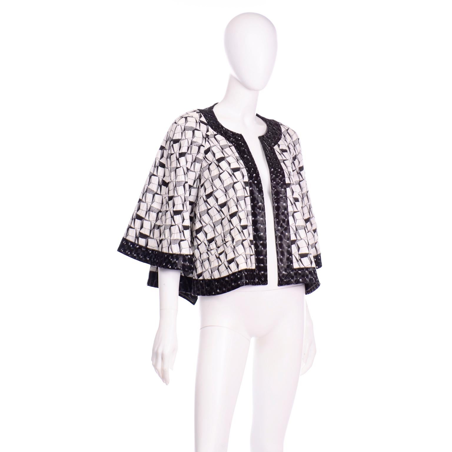 Chanel 2015 Dubai Resort Runway Holograph Black & White Open Front Swing Jacket In Excellent Condition In Portland, OR