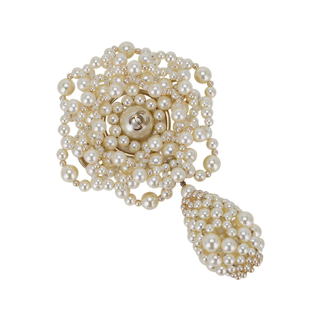 Chanel 2015 Fresh Water Pearl Brooch Abstract Camelia with Drop In Excellent Condition In Miami, FL