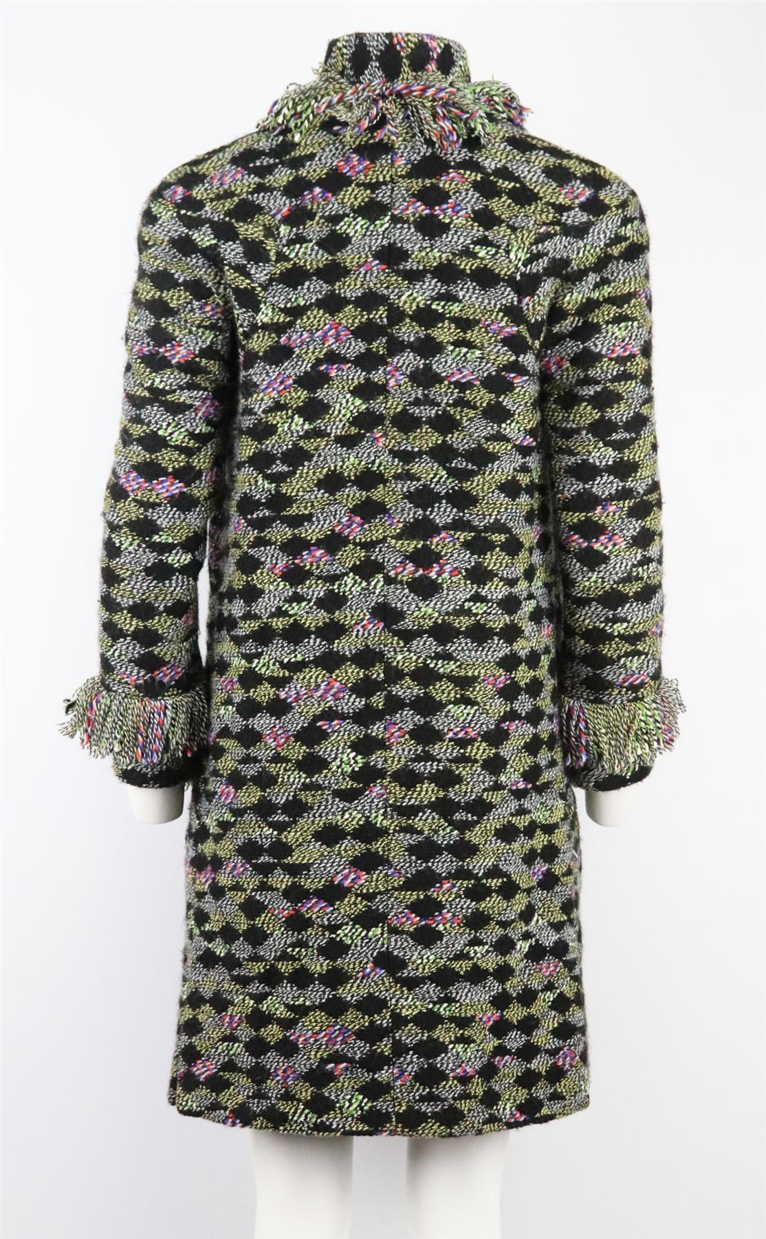 Black Chanel 2015 Fringed Wool Blend Fantasy Tweed Coat FR 34 UK 6