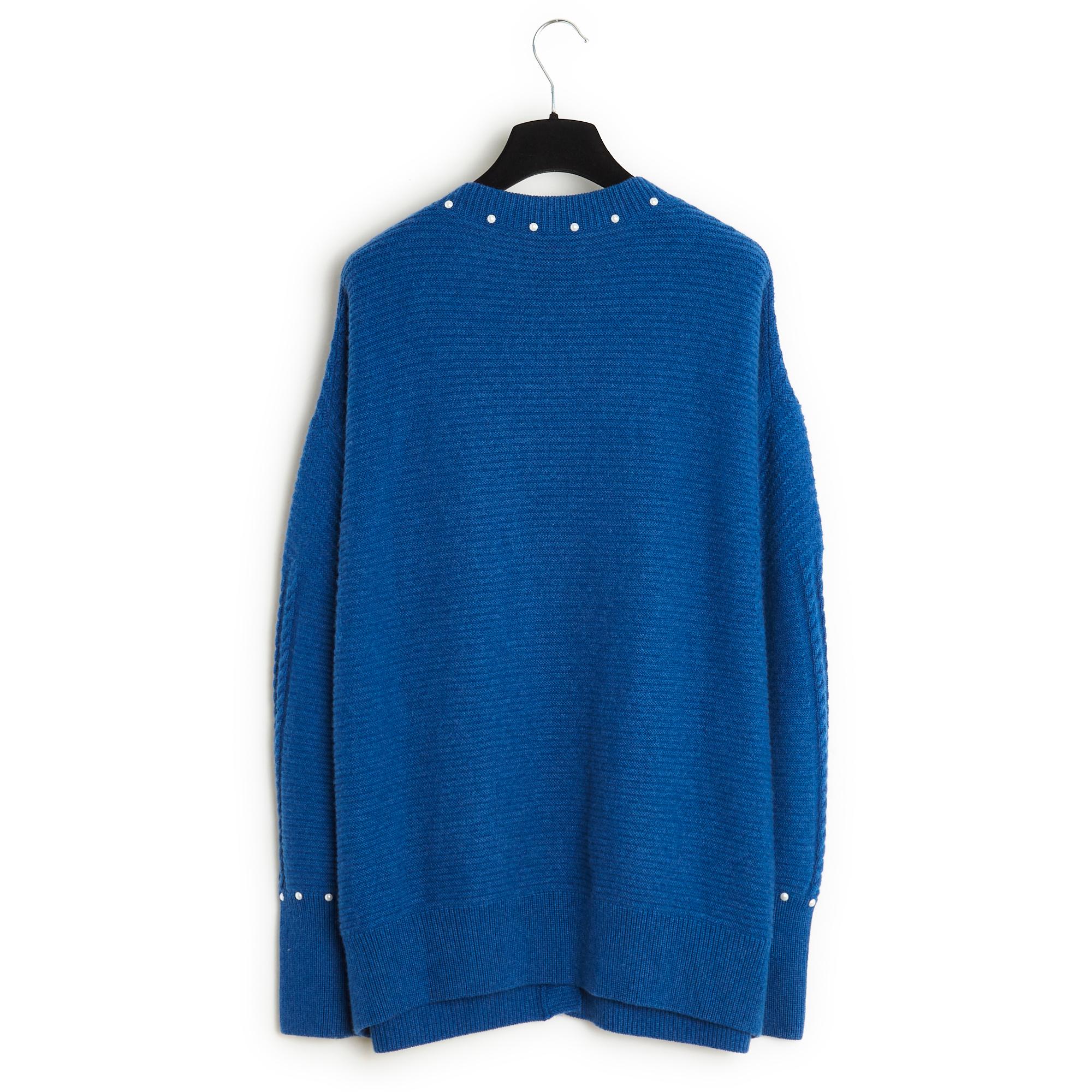 Chanel 2015 Gilet Gabrielle FR48 Azul Algodón Cachemira Perlas Cardigan UK20 US18 en venta 1