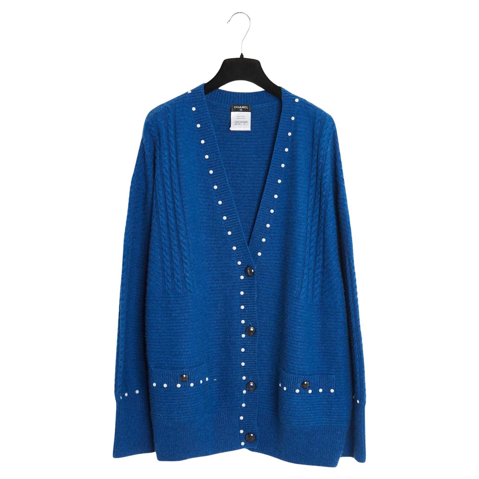 Chanel 2015 Gilet Gabrielle FR48 Azul Algodón Cachemira Perlas Cardigan UK20 US18 en venta