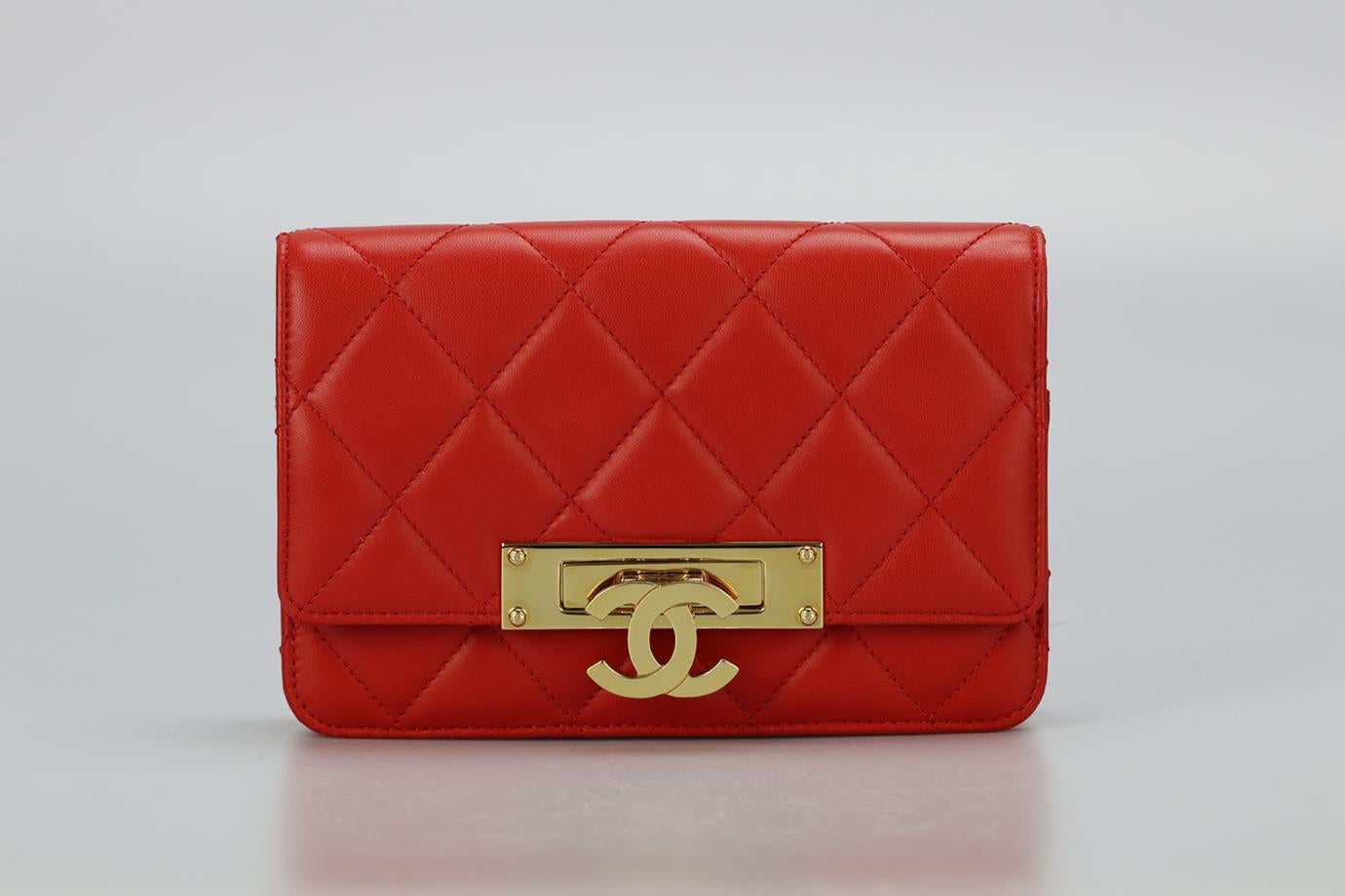 Chanel 2015 Golden Class Wallet On Chain Quilted Leather Shoulder Bag. Red. Lock fastening - Front. Comes with - dustbag and authenticity card. Height: 4.9 in. Width: 7.5 in. Depth: 1.2 in. Strap drop: 23 in. Condition: Used. Very good condition -