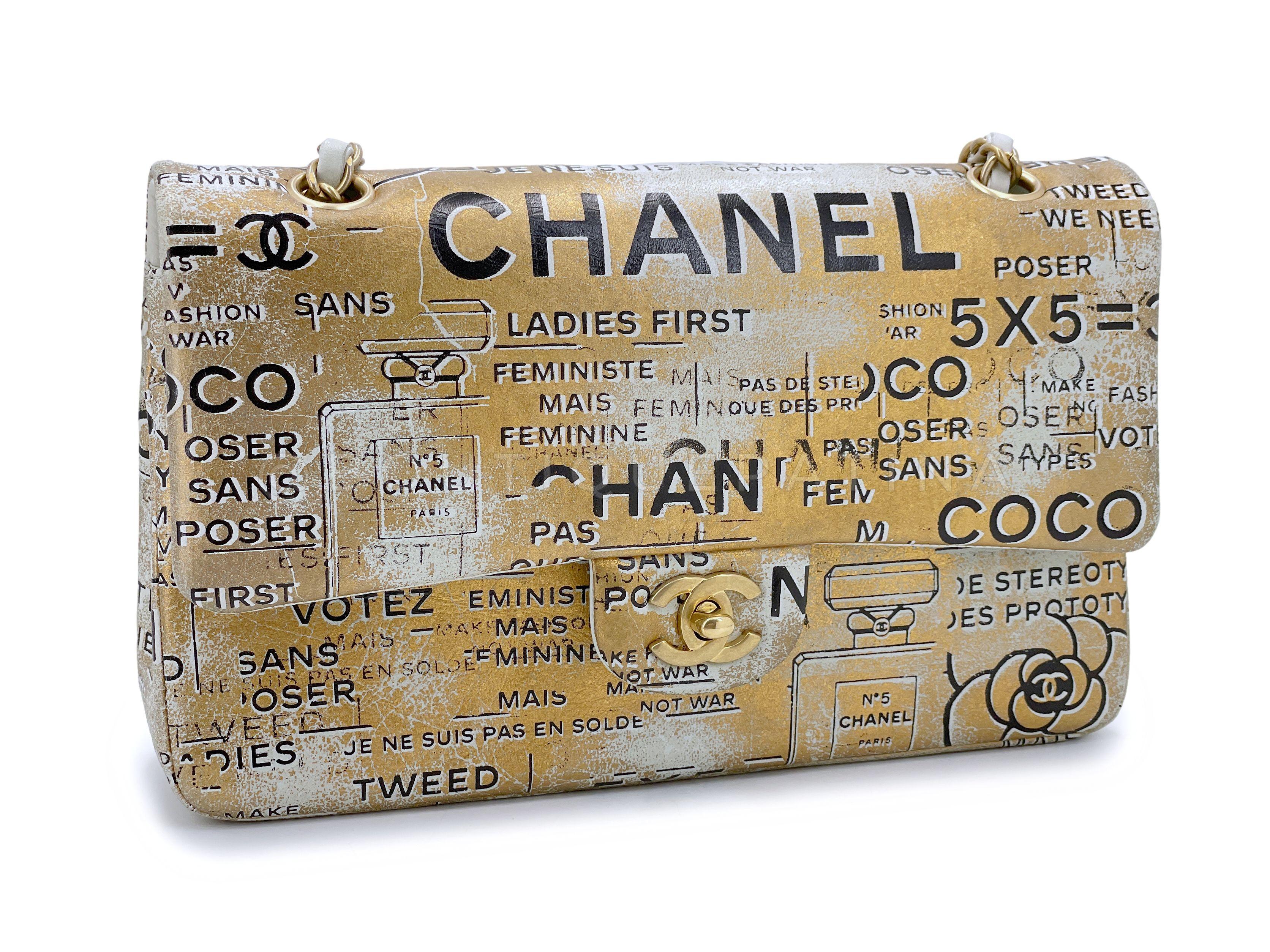 Chanel 2015 Graffiti Newspaper Medium Classic Double Flap Bag GHW Gold 66794 In Excellent Condition In Costa Mesa, CA