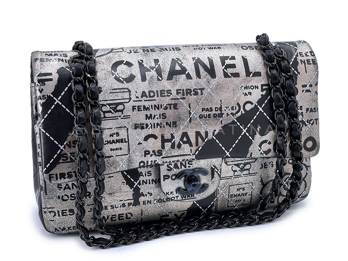 Store item: 67856
As seen on Giselle Bündchen in Chanel's 2015 Spring Summer campaign is this limited edition graffiti newspaper print medium classic double flap bag.
All of the elements of the medium classic double flap 11.12 iconic bag, but with