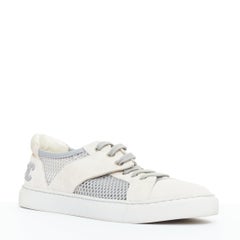 CHANEL 2015 grey mesh CC logo cream suede panelled sneakers EU36.5