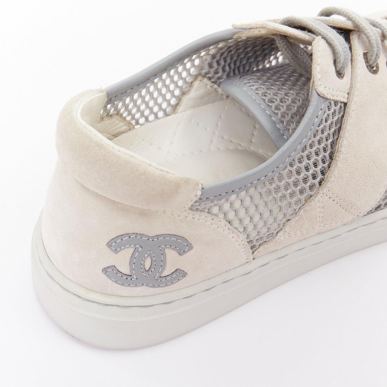 CHANEL 2015 grey mesh CC logo cream suede panelled sneakers EU36.5 For Sale 3
