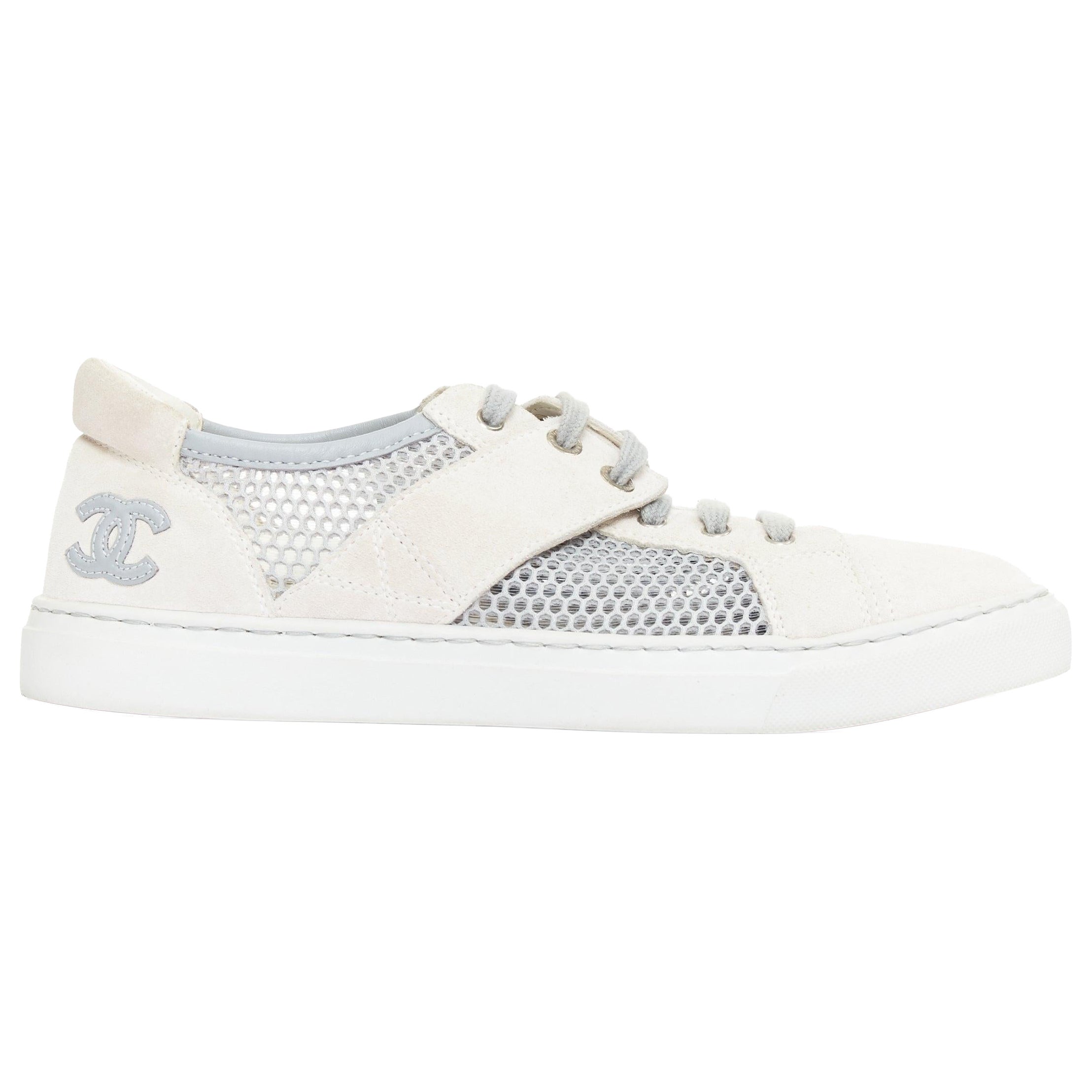 CHANEL 2015 grey mesh CC logo cream suede panelled sneakers EU36.5 For Sale
