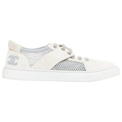 CHANEL 2015 grey mesh CC logo cream suede panelled sneakers EU36.5