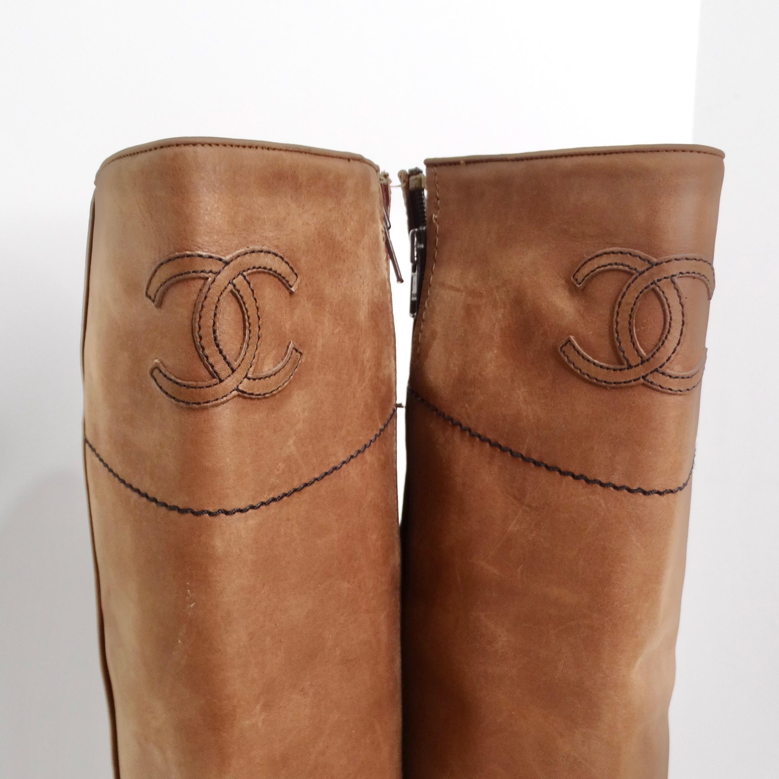 Brown Chanel 2015 Interlocking CC Logo Riding Boots For Sale