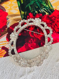 Chanel 2015 Large Oval Cameo Flower Logo Coco CC Silver Whole Crystals Brooch