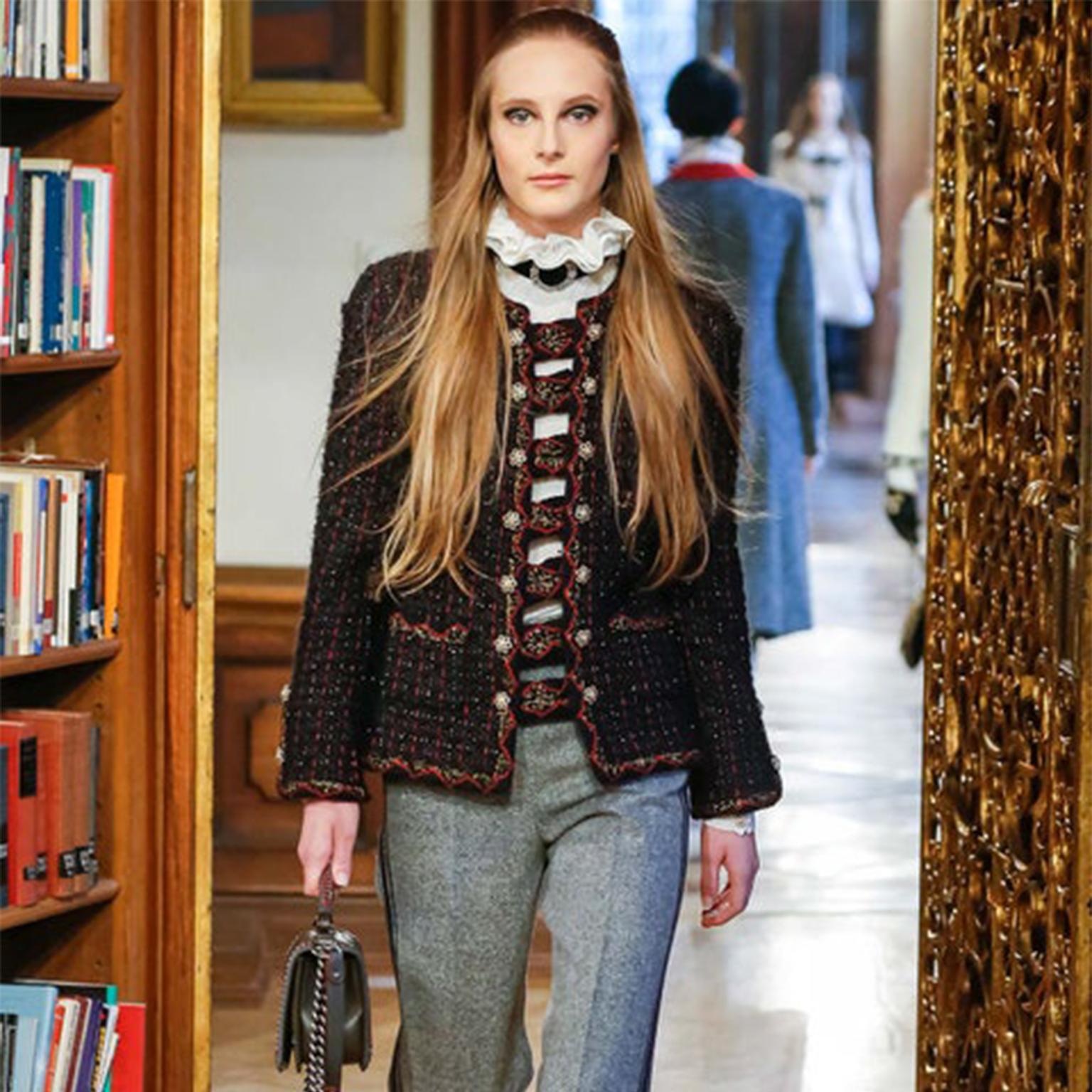 This truly sensational Chanel navy and red Lesage tweed jacket is from the Pre-Fall 2015 Chanel Paris Salzburg collection. This fabulous runway show was at Schloss Leopoldskron, the 18th Century Austrian castle, acclaimed for its romantic Rococo
