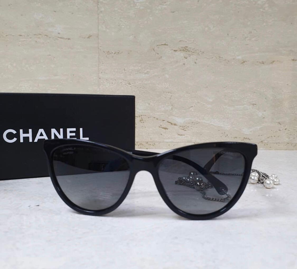 Nero Chanel 2015 Pearl Chaine Occhiali da sole polarizzati a forma di occhio di gatto