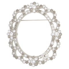 Chanel 2015 Rare Large Oval Cameo Silver Crystals Flower Logo Coco CC Brooch