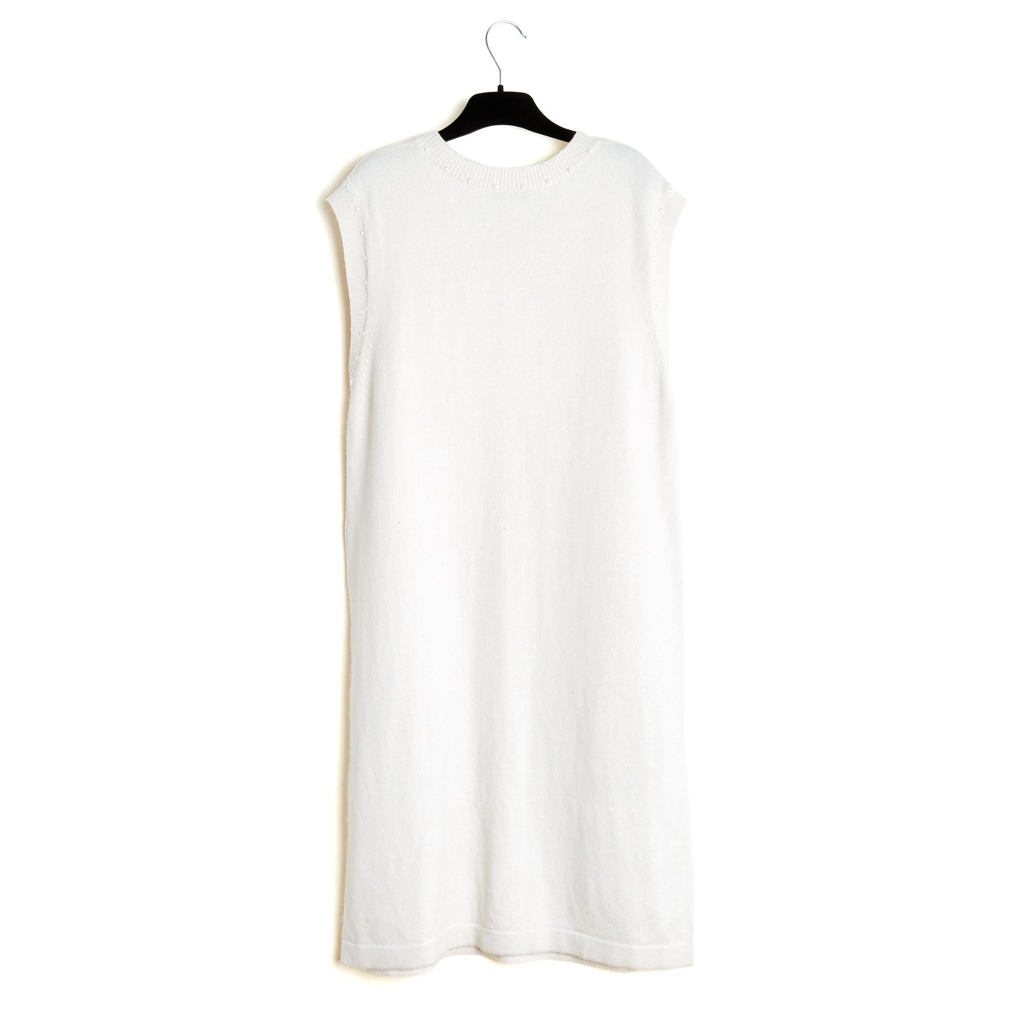 Chanel 2015 Robe Cachemire FR44 Ecru Cashmere and Pearls Dress UK16 US14 en vente 1