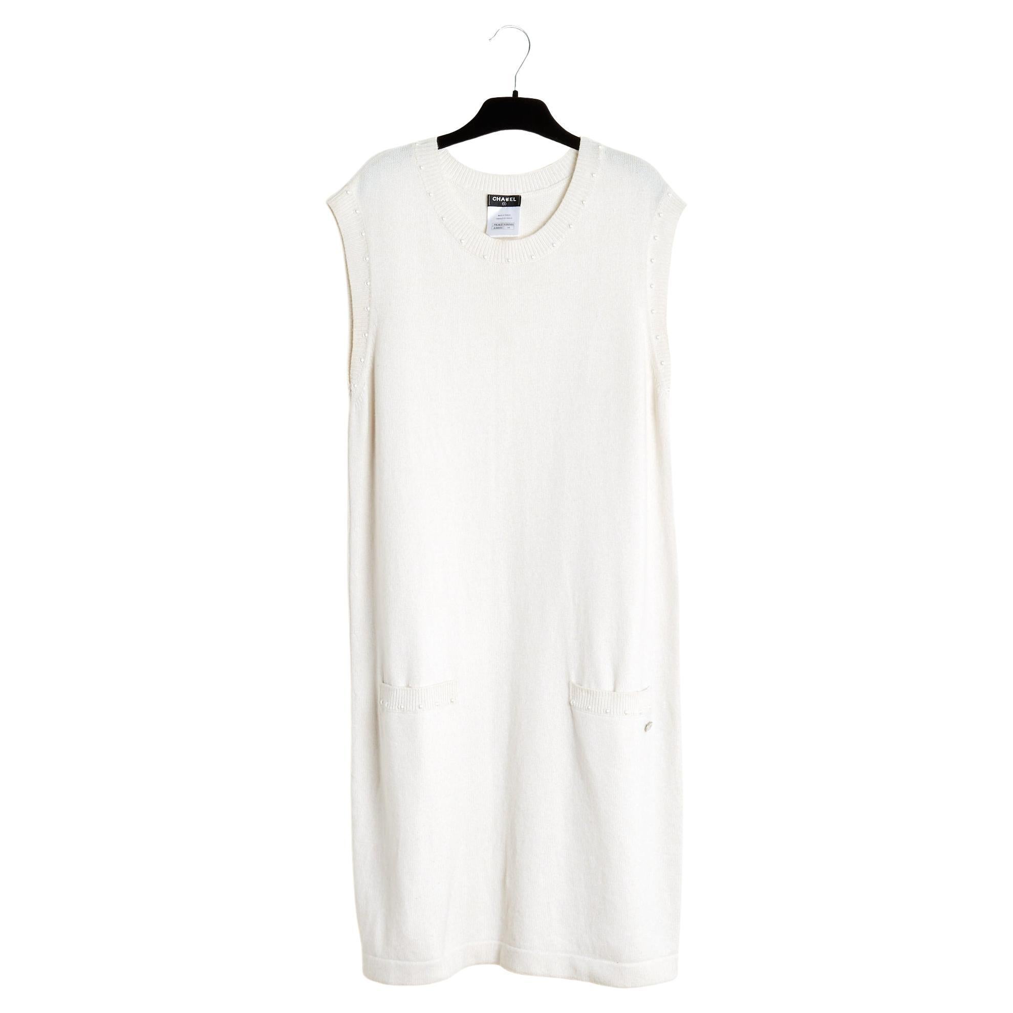 Chanel 2015 Robe Cachemire FR44 Ecru Cashmere and Pearls Dress UK16 US14