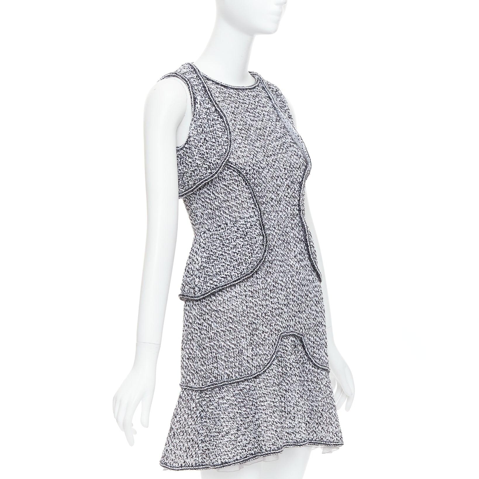 Gray CHANEL 2015 Runway grey cotton tweed CC button ruffle dress FR36 S For Sale