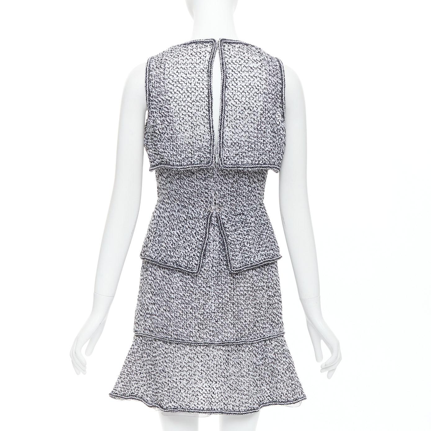 Women's CHANEL 2015 Runway grey cotton tweed CC button ruffle dress FR36 S For Sale
