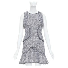 CHANEL 2015 Runway grey cotton tweed CC button ruffle dress FR36 S