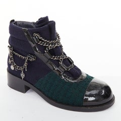 CHANEL 2015 Runway Paris Salzburg wool green tweed patent leather boots EU39