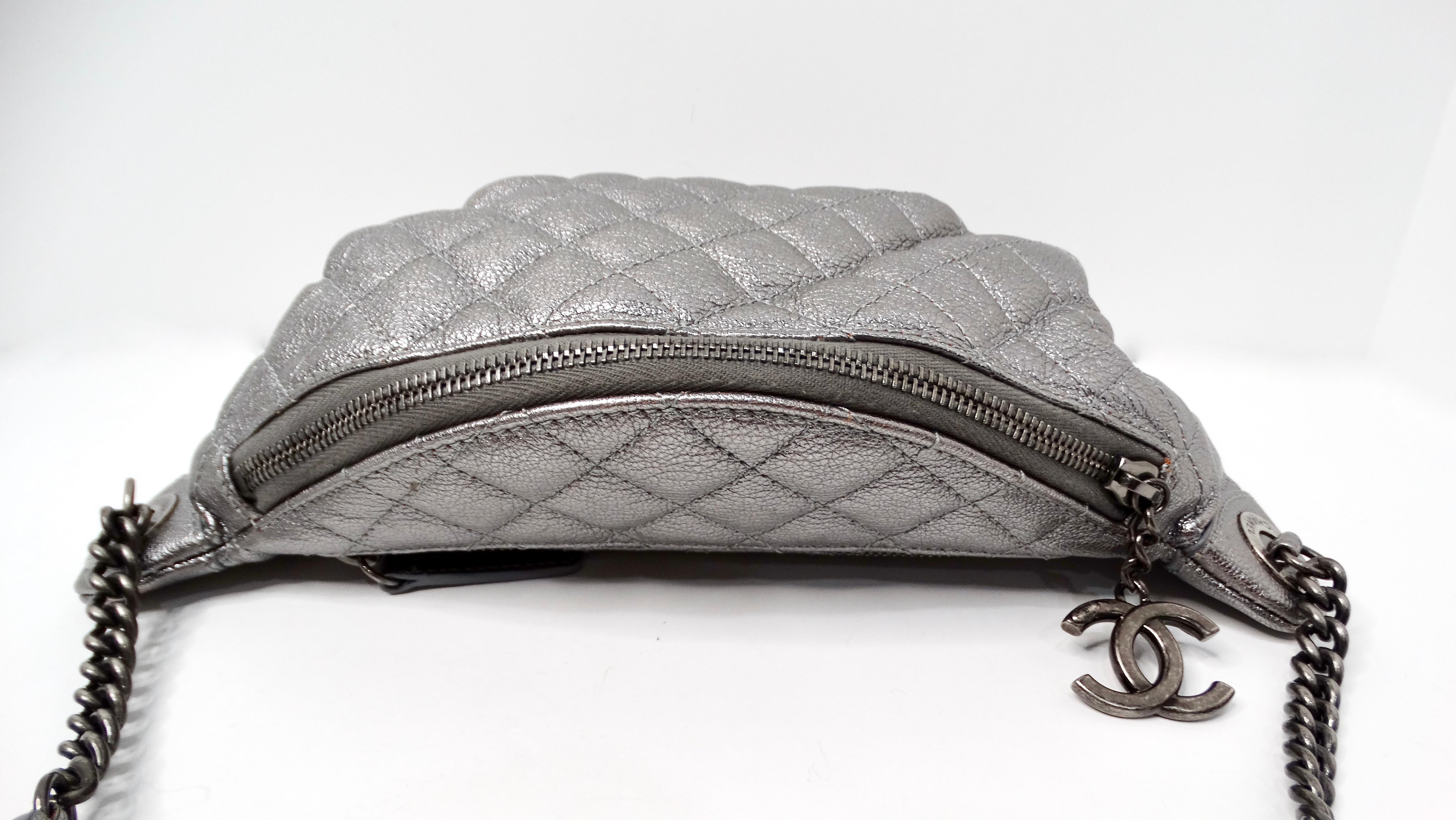 Women's or Men's Chanel 2015 Silver Metallic Quilted Calfskin Banane Fanny Pack Waist Bag For Sale