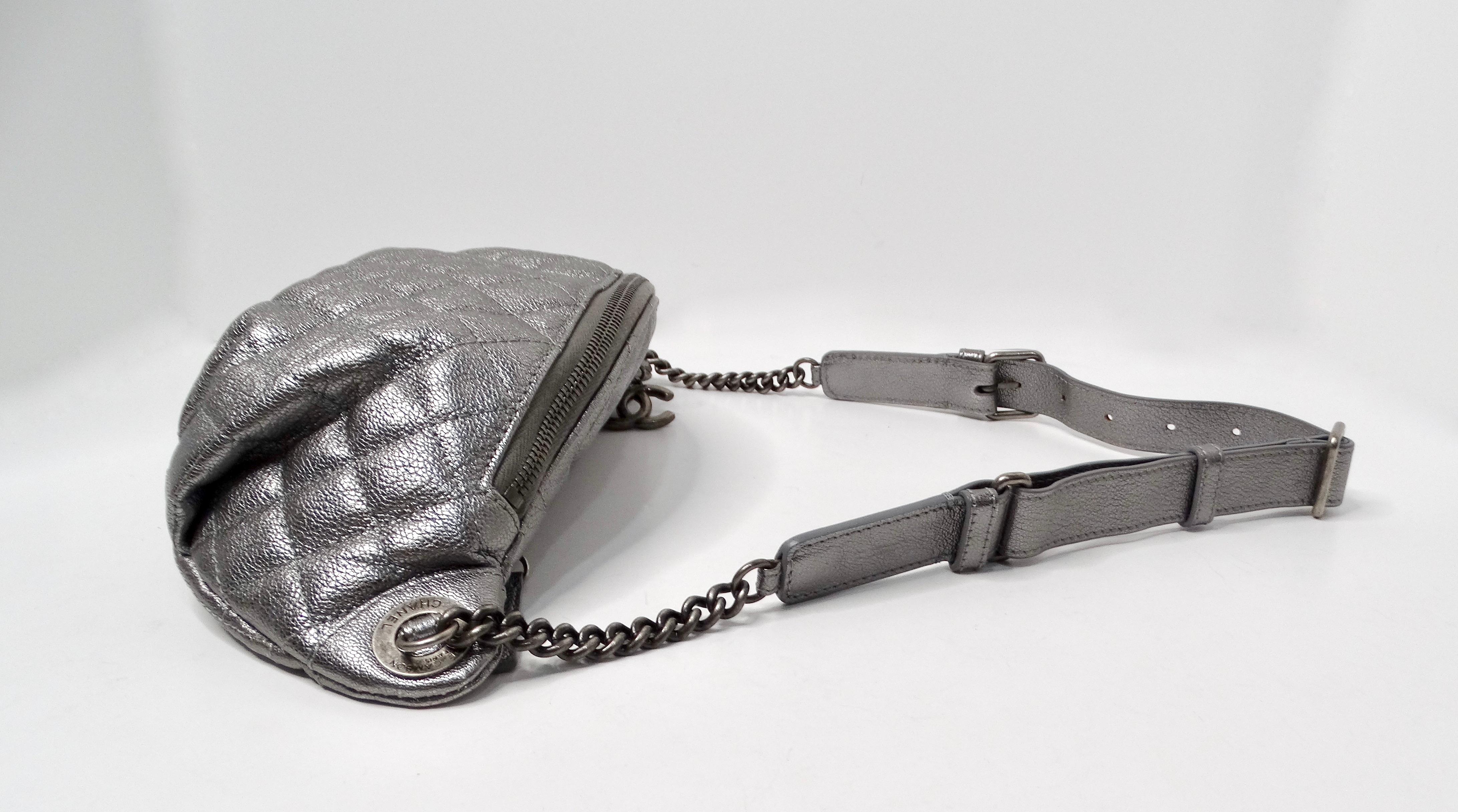 Chanel 2015 Silver Metallic Quilted Calfskin Banane Fanny Pack Waist Bag For Sale 1