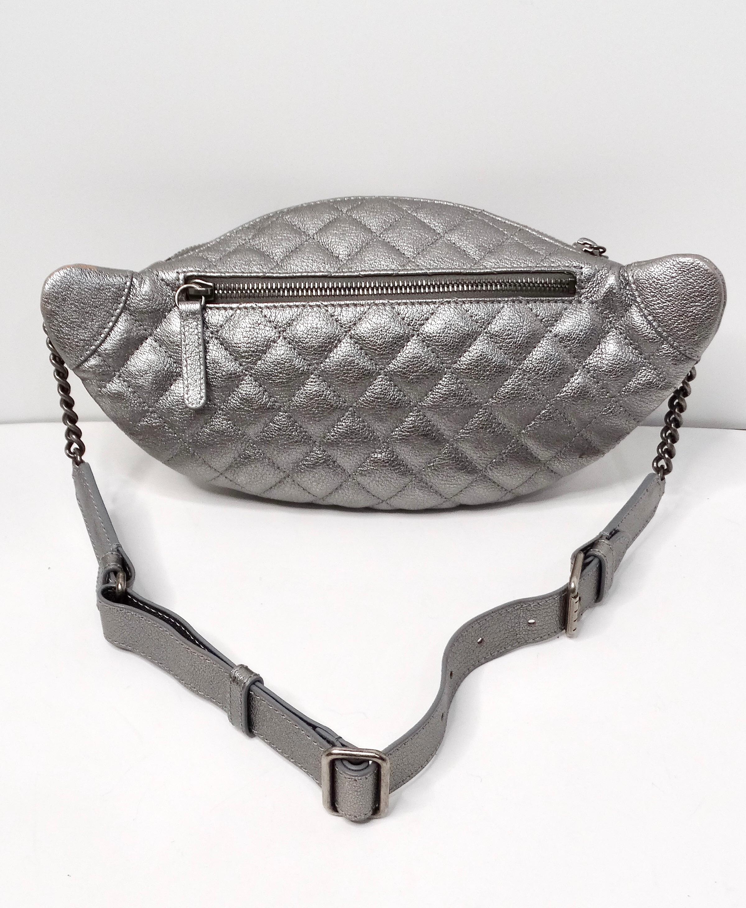 Chanel 2015 Silver Metallic Quilted Calfskin Banane Fanny Pack Waist Bag For Sale 2