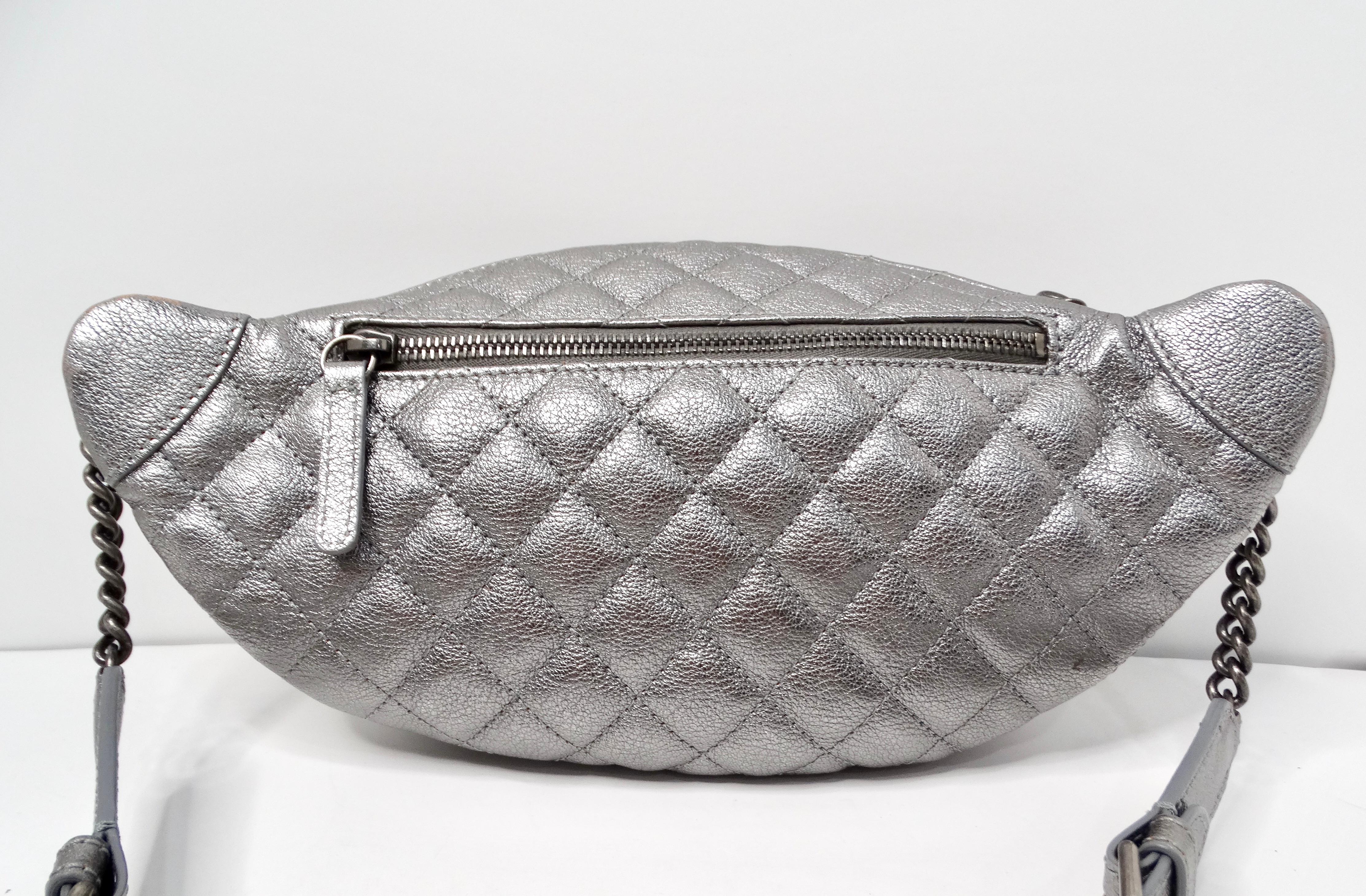 Chanel 2015 Silver Metallic Quilted Calfskin Banane Fanny Pack Waist Bag For Sale 3